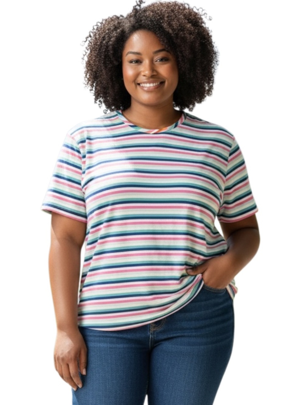 Blair Short-Sleeve Striped Crewneck Tee in Pink, Teal, Navy & White